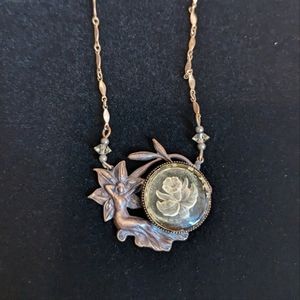 Vintage Art Nouveau Revival Antiqued Brass Tone Floral Glass Fairy Necklace
